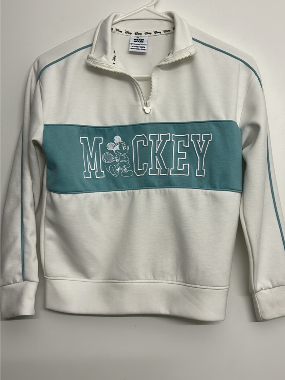 Disney White Quarter Zip Pullover with Teal Chest Panel & Mickey Graphic